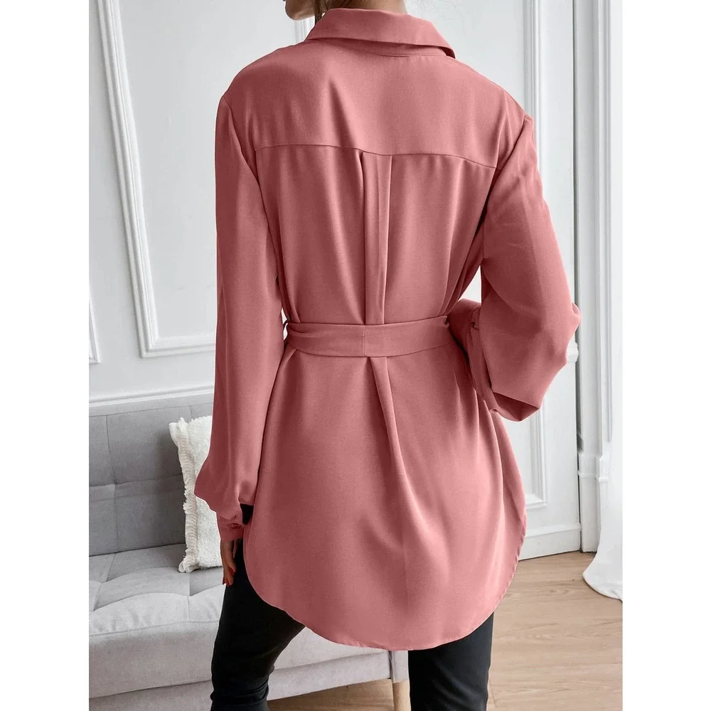 long sleeve Button down Belted tunic length Shirt black - Picture 7 of 11